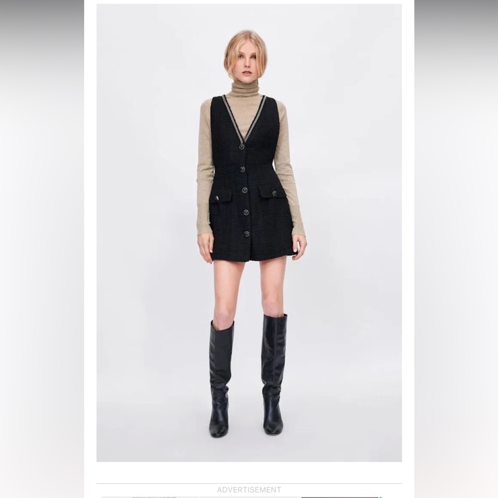 ZARA BASICS BLACK TWEED MINI DRESS GOLD CHAIN DETAIL BUTTONS SLEEVLESS
